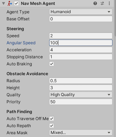 Mostly standard settings on the NavMeshAgent