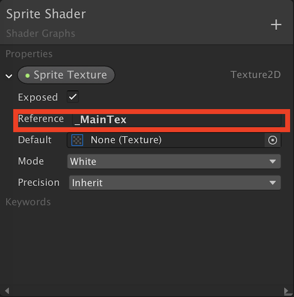 The Reference field of a Shader Graph property set to _MainTex