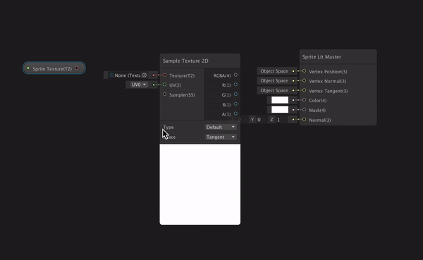 Setting up the texture inputs and outputs in Shader Graph to render a sprite