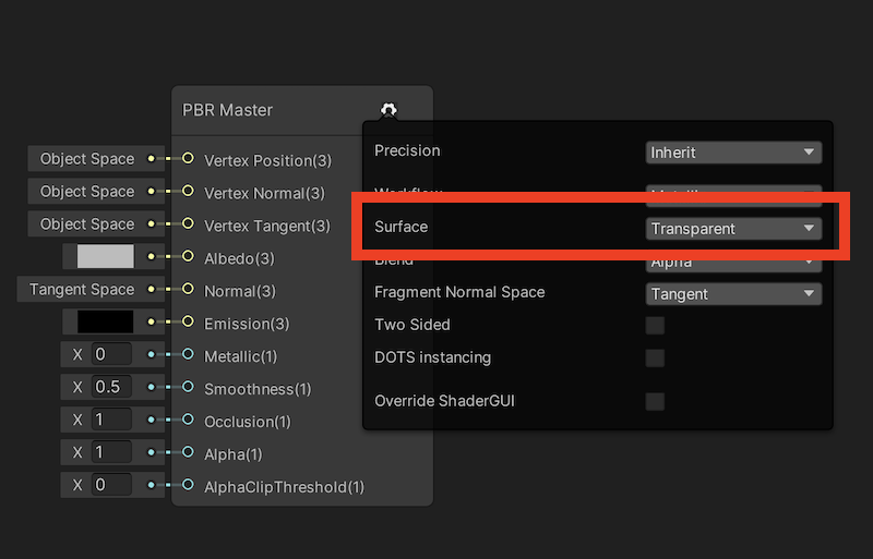 PBR Graph with the Surface set to Transparent