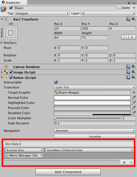 Binding a social share button in the Unity editor