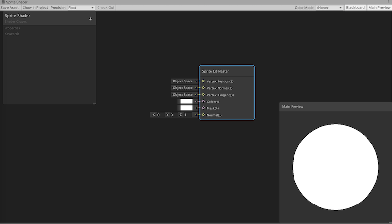 The empty Shader Graph view for a Sprite Lit Graph in Unity