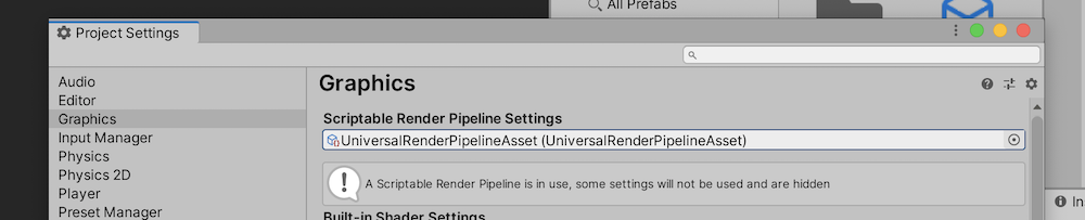 Setting the render pipeline settings in Unity
