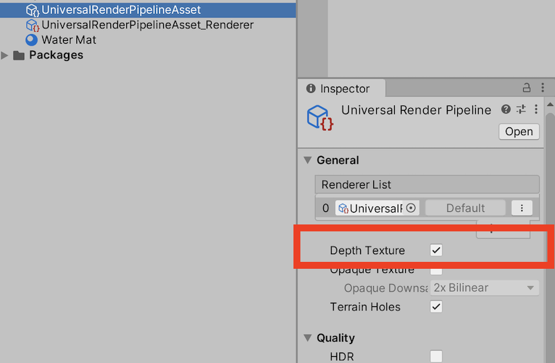 Enabling the depth texture in Universal Render Pipeline