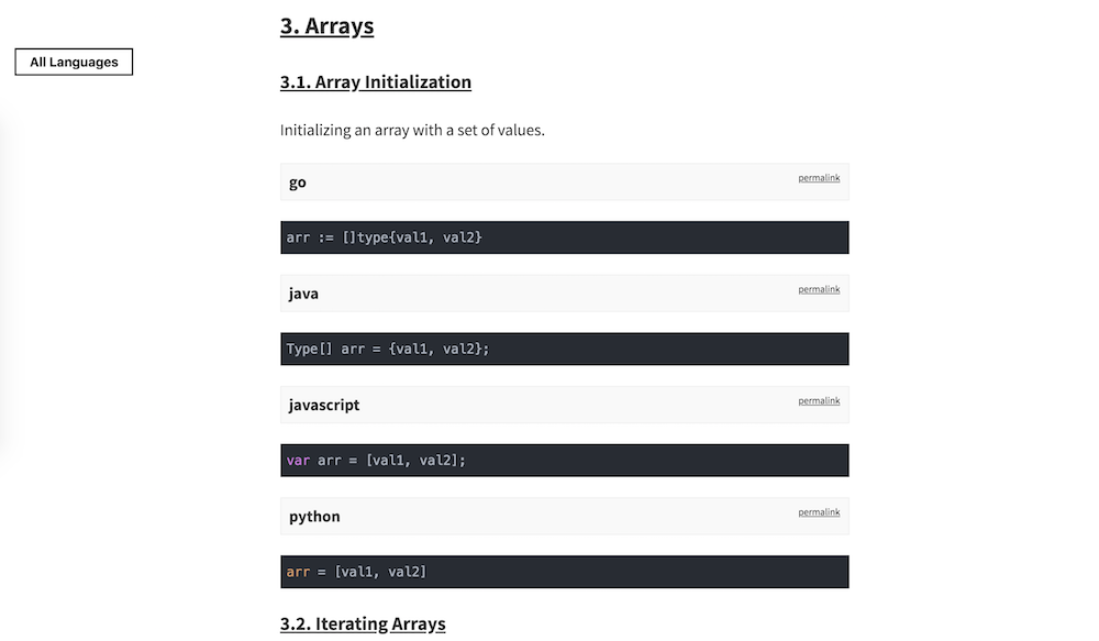 Screenshot of whatsthecodeforthat.com, looking at arrays